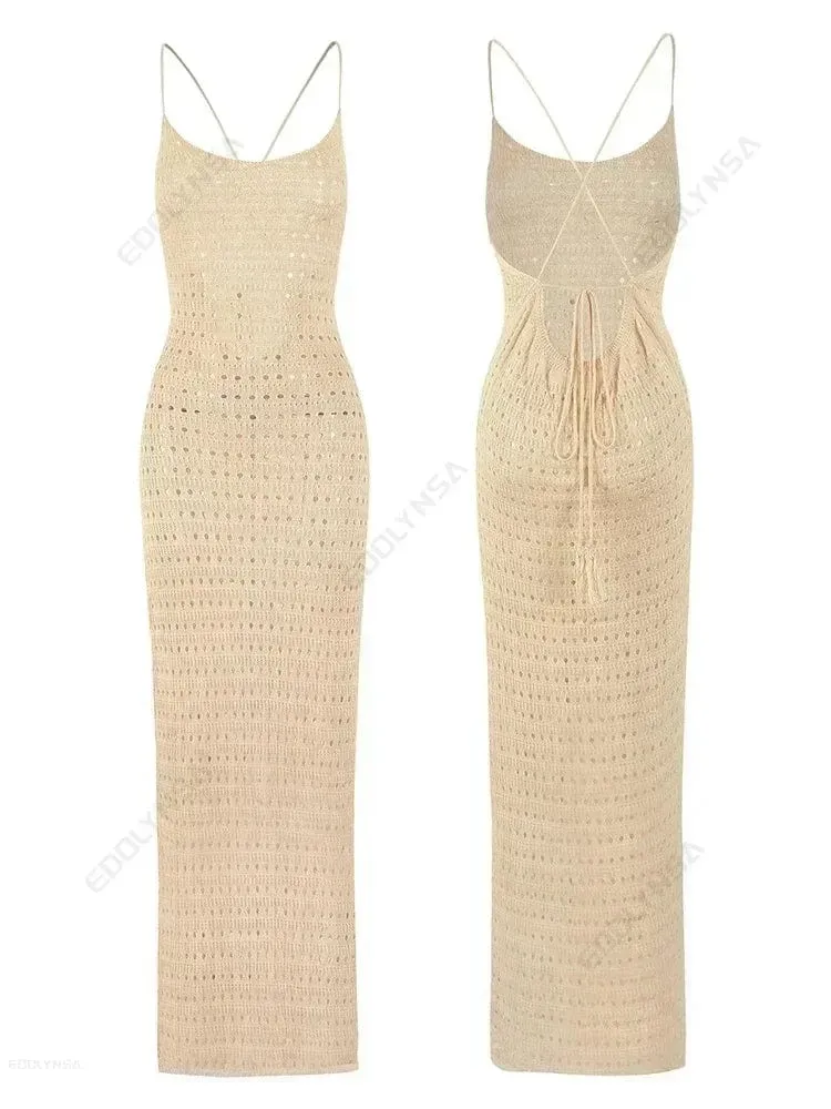 Sexy Knit Cut Out Tassel Spaghetti Strap Bodycon Beach Maxi Dress Summer