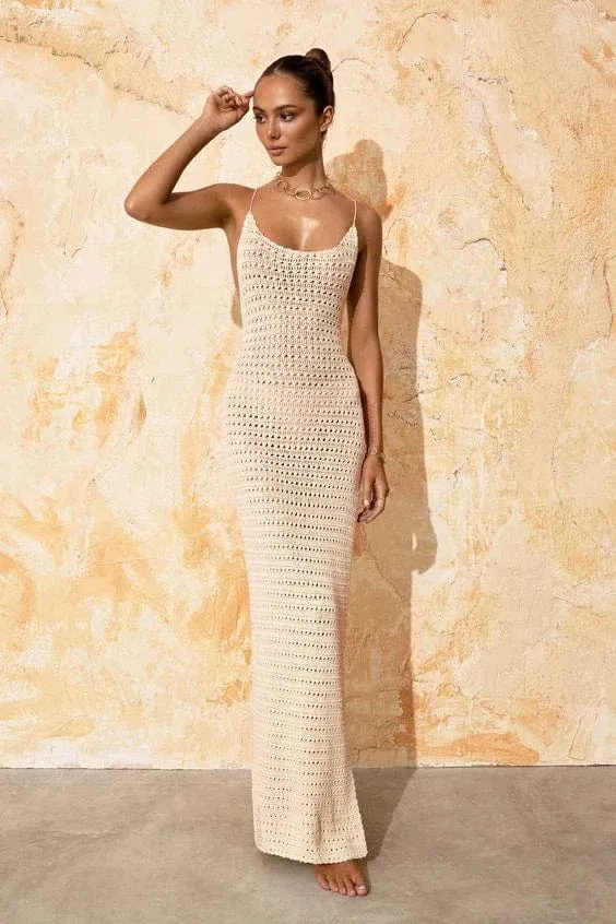 Sexy Knit Cut Out Tassel Spaghetti Strap Bodycon Beach Maxi Dress Summer