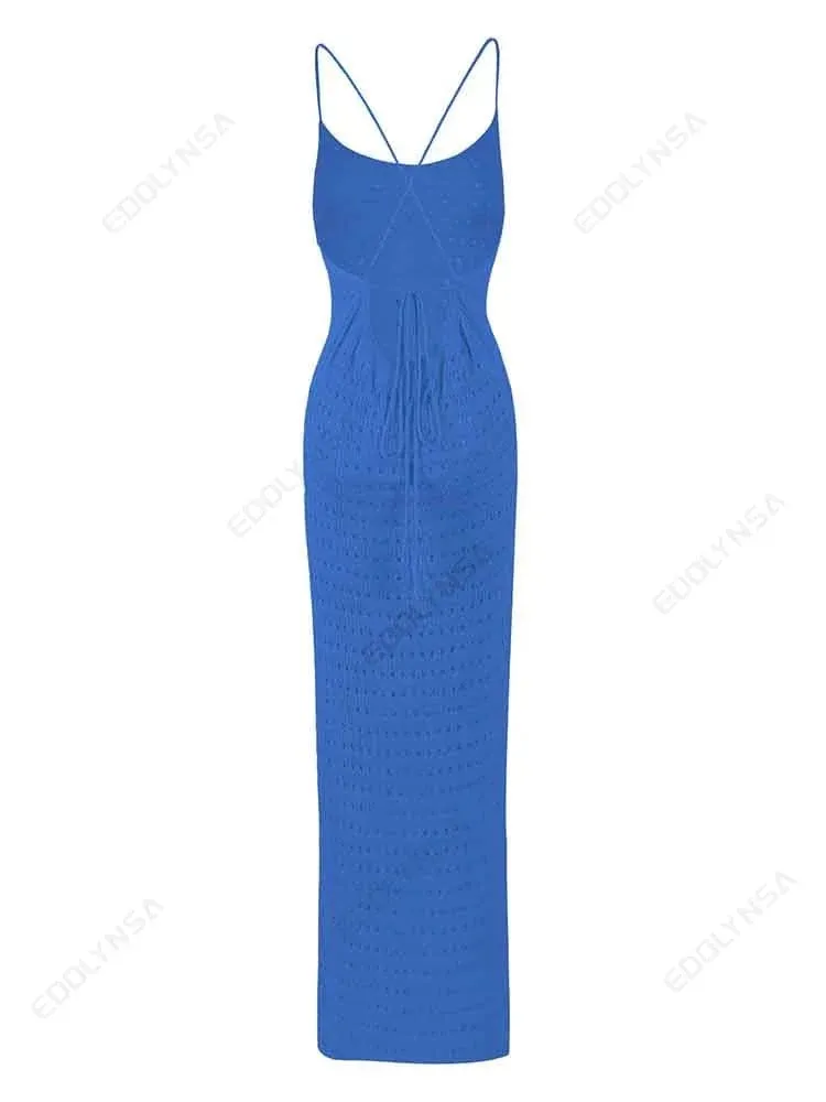 Sexy Knit Cut Out Tassel Spaghetti Strap Bodycon Beach Maxi Dress Summer