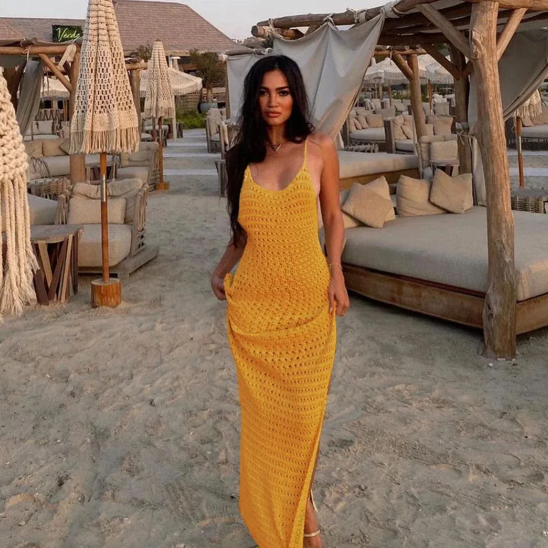 Sexy Knit Cut Out Tassel Spaghetti Strap Bodycon Beach Maxi Dress Summer