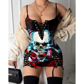 Skull Red Blue Smoke Gothic Eyelet Lace-up Letter Dress