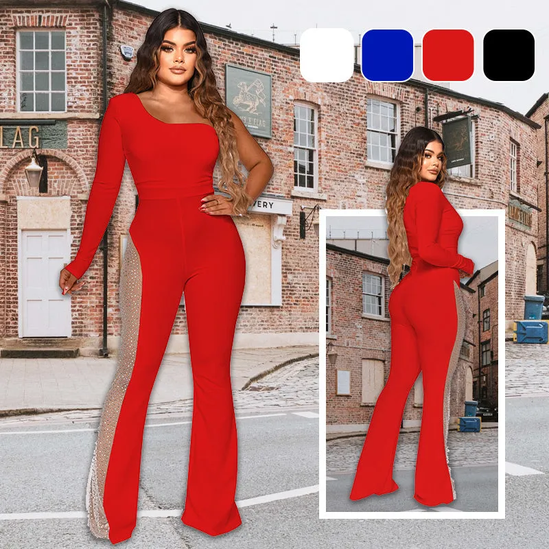 🌸Spring Specials🌸 Sexy Off-Shoulder Bodycon Rhinestone Leg Jumpsuit