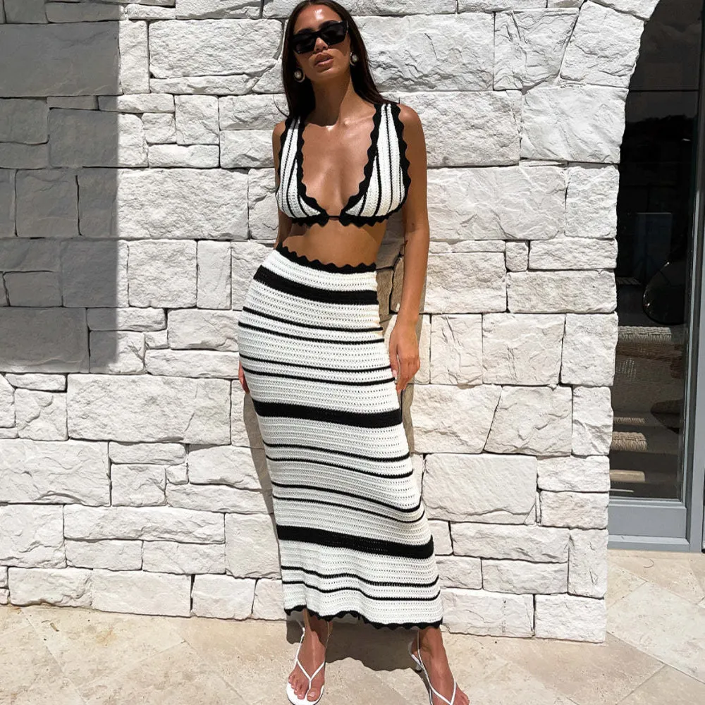 Summer Knitted Beach Skirt Sets Women Sexy Backless Slim Bohemian Outfits