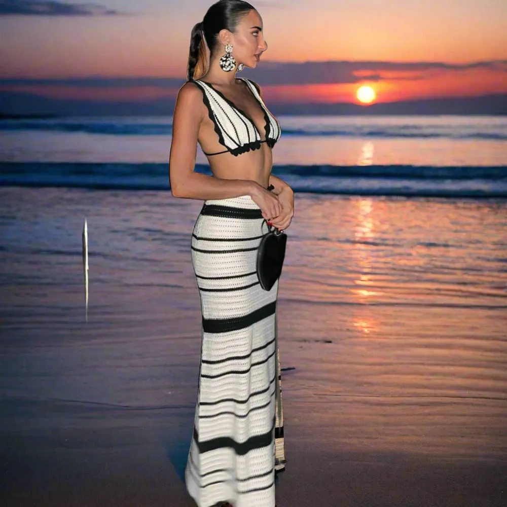 Summer Knitted Beach Skirt Sets Women Sexy Backless Slim Bohemian Outfits