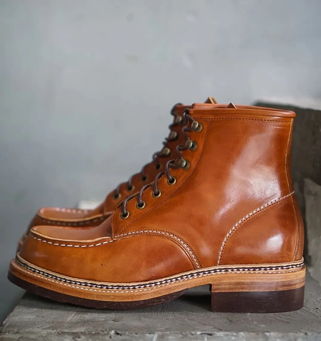 Tan Leather Lace-Up Step Steeds Moc Toe Boots - Hiking and Trekking Boots