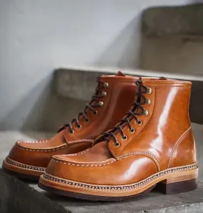 Tan Leather Lace-Up Step Steeds Moc Toe Boots - Hiking and Trekking Boots