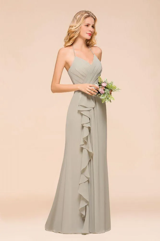 V-Neck Spaghetti Floor Length Folds Bridesmaid Dress