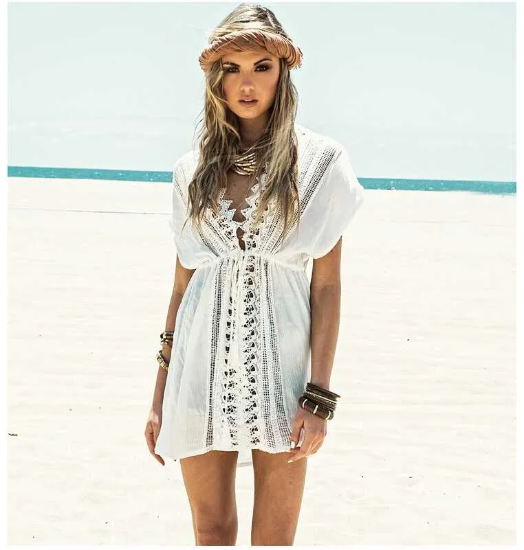 Vacation Deep V Neck White Crochet Lace Beach Dress Cover Ups