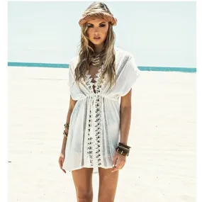 Vacation Deep V Neck White Crochet Lace Beach Dress Cover Ups