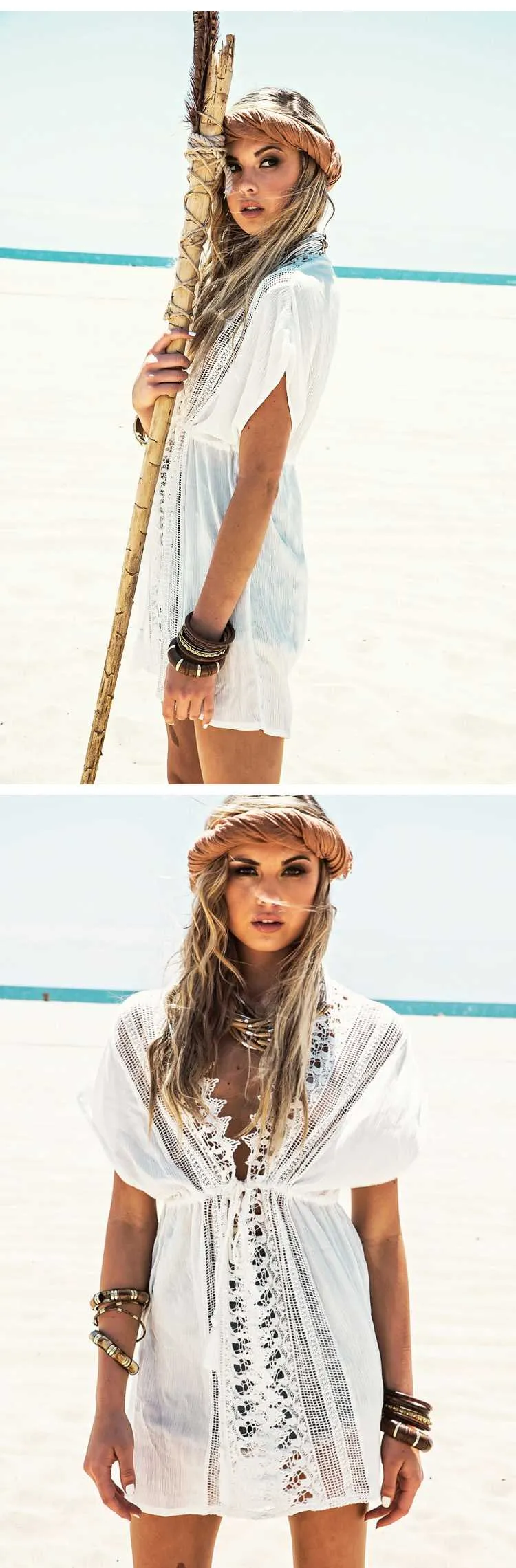 Vacation Deep V Neck White Crochet Lace Beach Dress Cover Ups