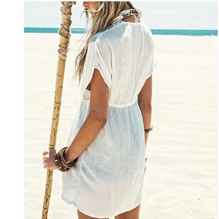 Vacation Deep V Neck White Crochet Lace Beach Dress Cover Ups