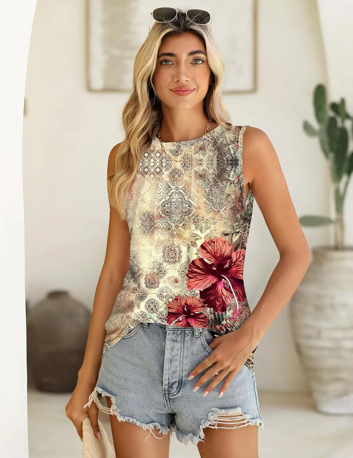 Zeagoo Summer Tank Top for Women 2024 Pleated High Neck Tops Loose Fit Flowy Dressy Tunic Sleeveless Shirts