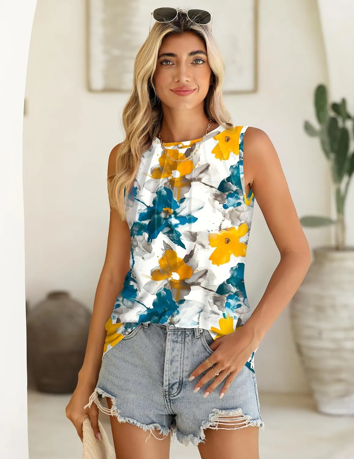 Zeagoo Summer Tank Top for Women 2024 Pleated High Neck Tops Loose Fit Flowy Dressy Tunic Sleeveless Shirts