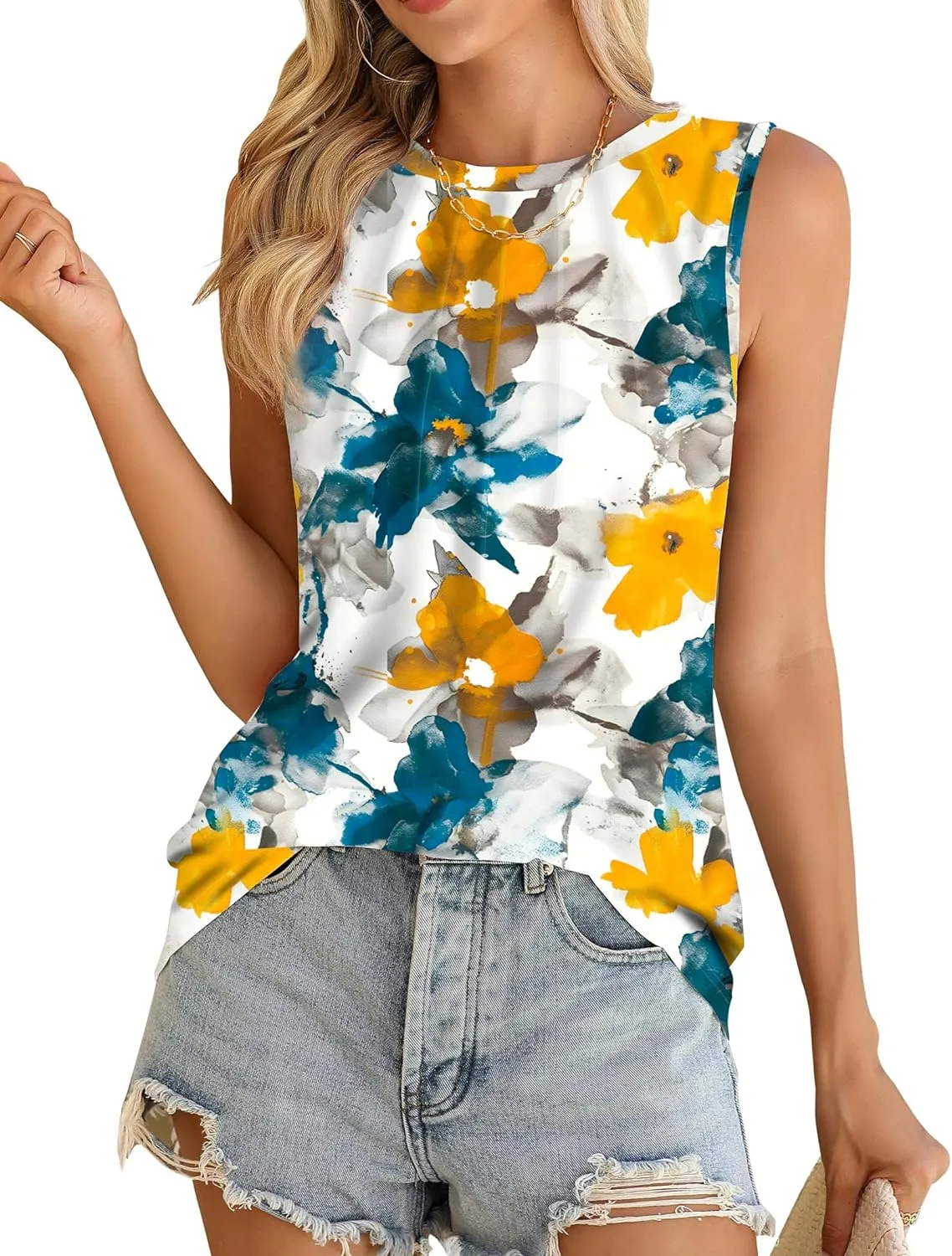 Zeagoo Summer Tank Top for Women 2024 Pleated High Neck Tops Loose Fit Flowy Dressy Tunic Sleeveless Shirts