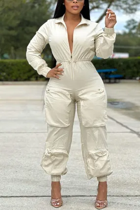 Zip-up Waisted Cargo Jumpsuits